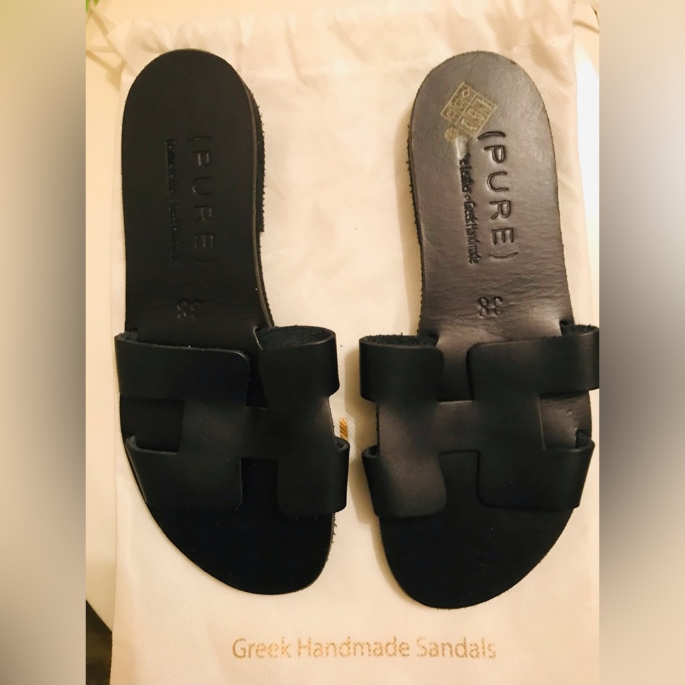NWOT-PURE handmade Greek Sandals made in Greece. Black leather slides in size 38 - Picture 2 of 4